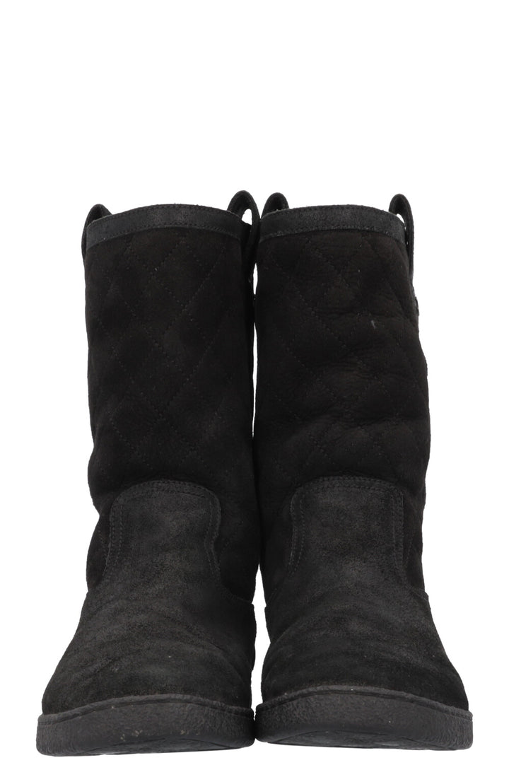 CHANEL Quilted Shearling Boots Black Suede
