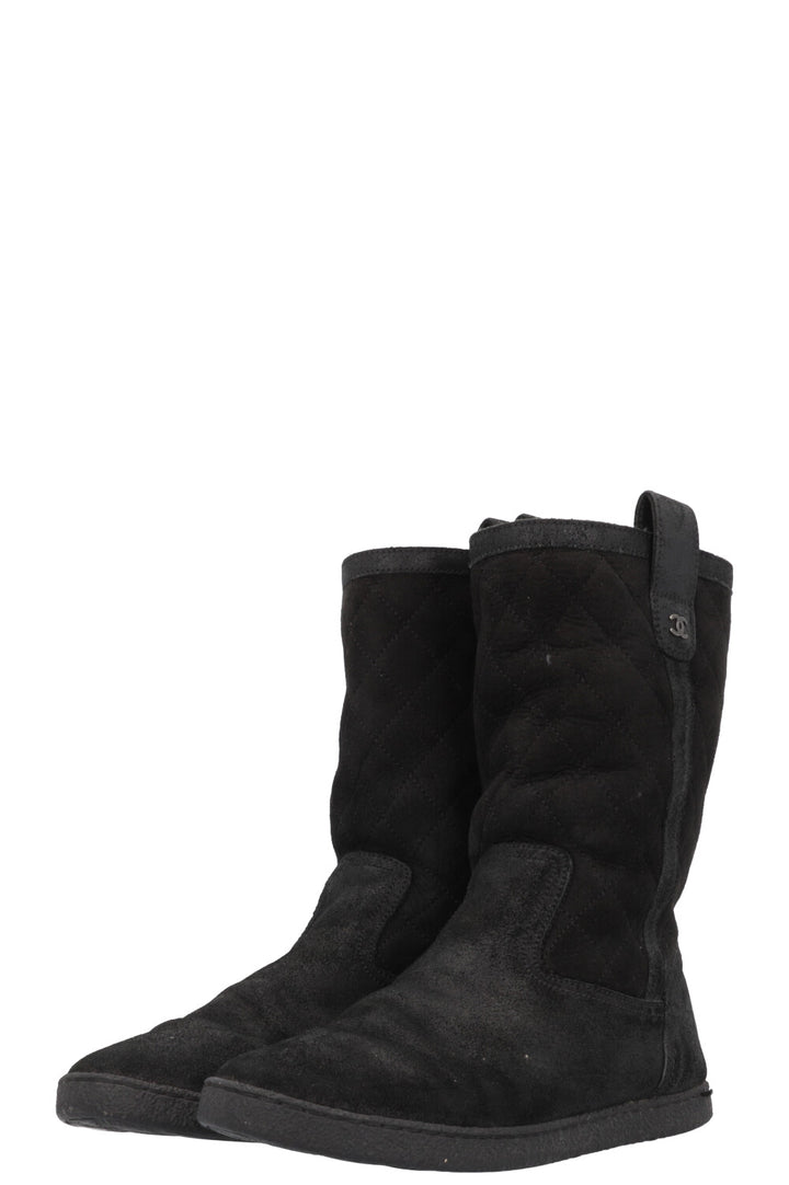 CHANEL Quilted Shearling Boots Black Suede