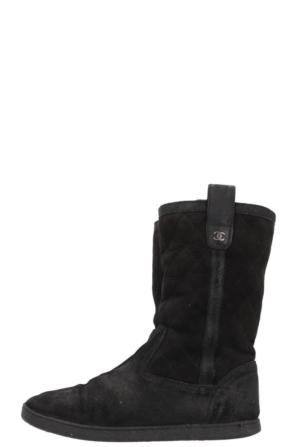 CHANEL Quilted Shearling Boots Black Suede