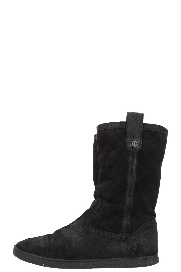CHANEL Quilted Shearling Boots Black Suede