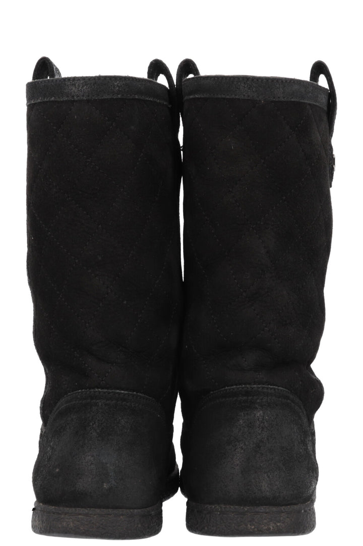 CHANEL Quilted Shearling Boots Black Suede