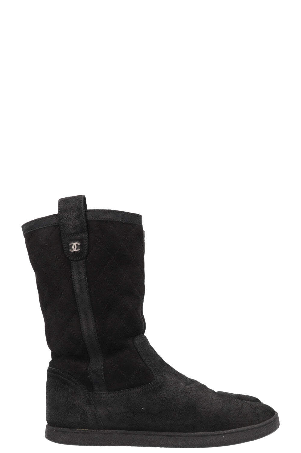CHANEL Quilted Shearling Boots Black Suede