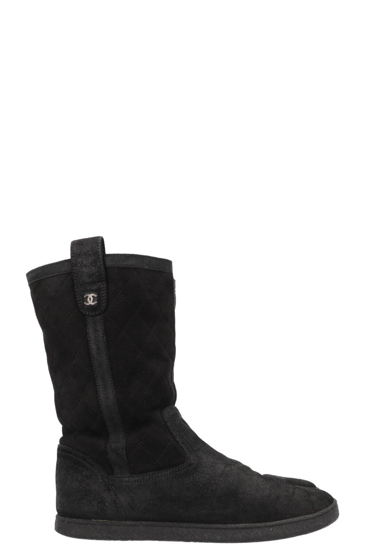 CHANEL Quilted Shearling Boots Black Suede