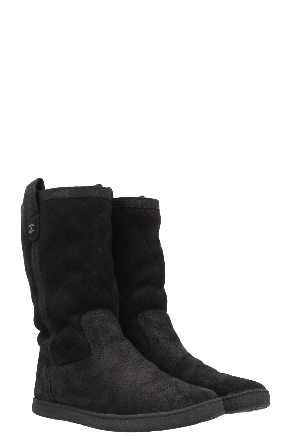 CHANEL Quilted Shearling Boots Black Suede