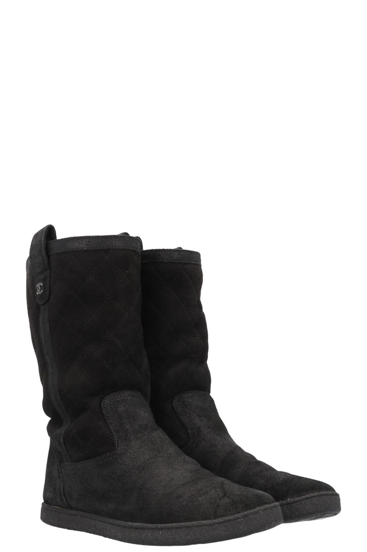 CHANEL Quilted Shearling Boots Black Suede
