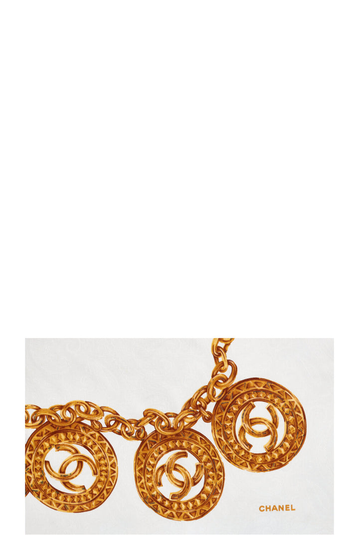 CHANEL Vintage Scarf 90 Silk Chain White