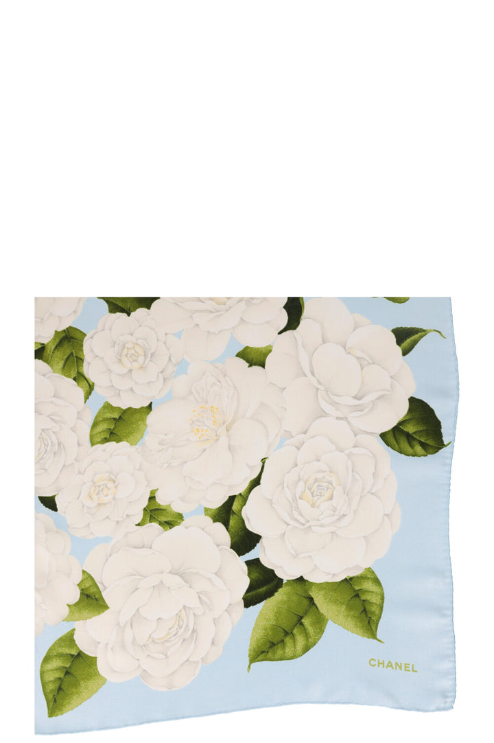 CHANEL Vintage Camellia Scarf 90 Silk White Blue