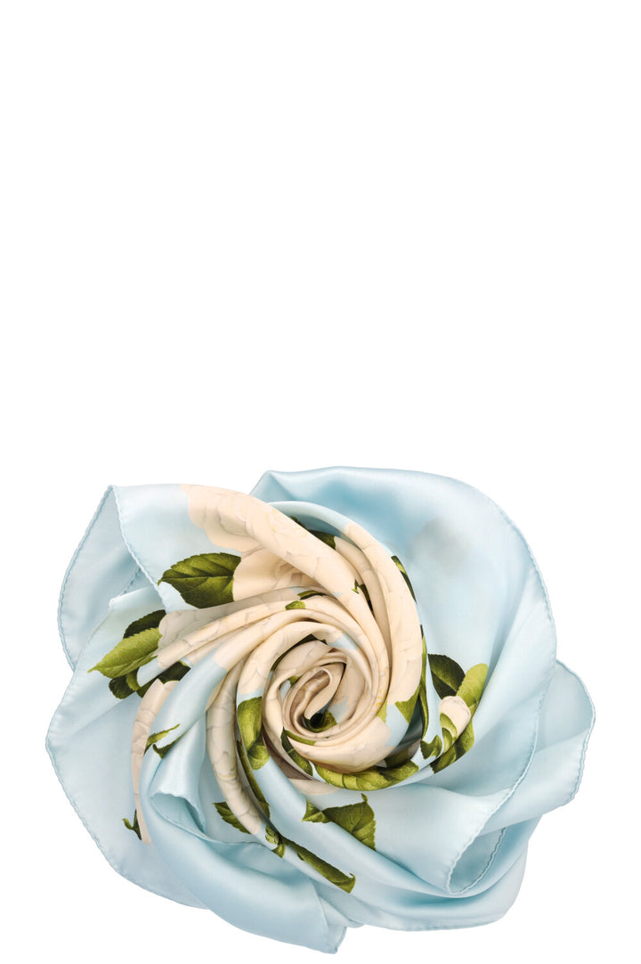 CHANEL Vintage Camellia Scarf 90 Silk White Blue