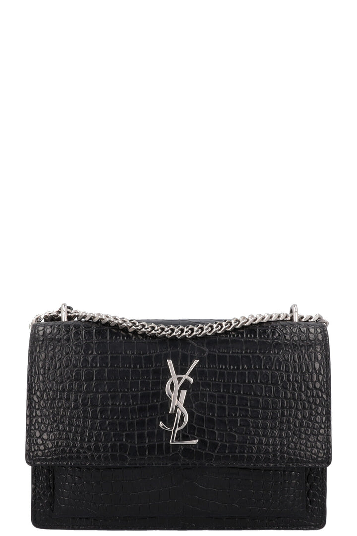 SAINT LAURENT Small Croc Embossed Sunset Bag Black