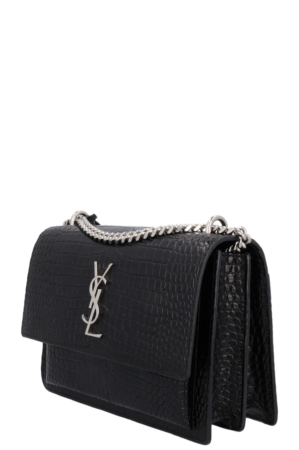 SAINT LAURENT Small Croc Embossed Sunset Bag Black