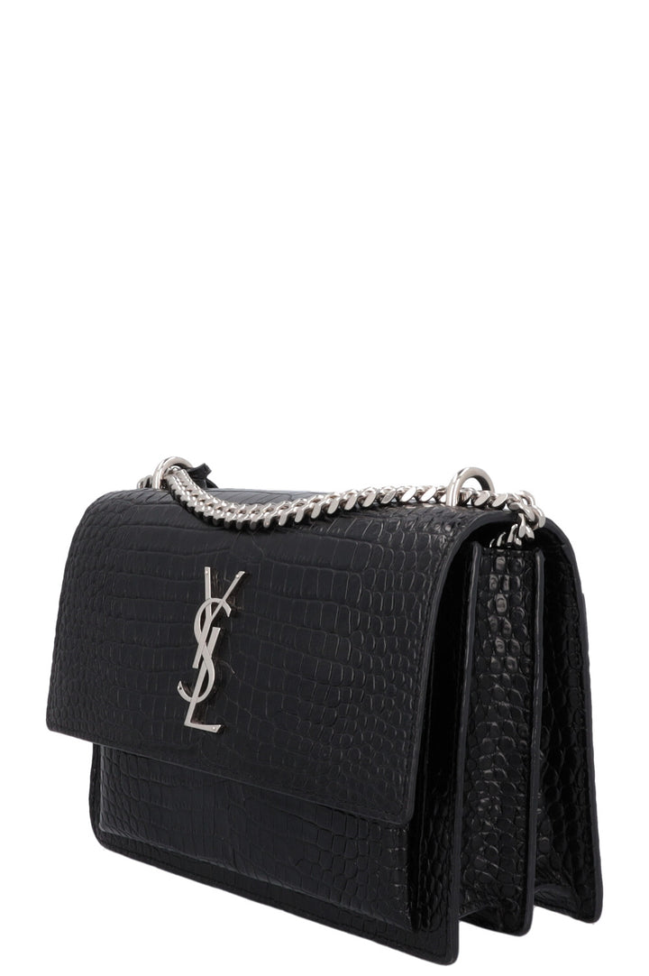 SAINT LAURENT Small Croc Embossed Sunset Bag Black