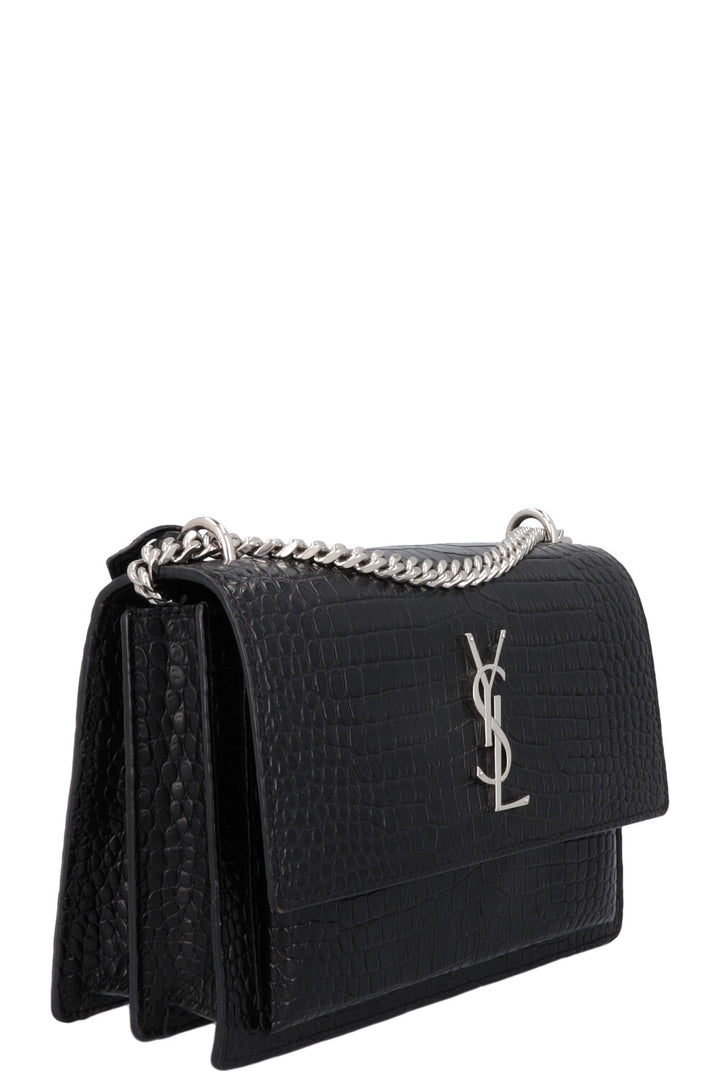 SAINT LAURENT Small Croc Embossed Sunset Bag Black