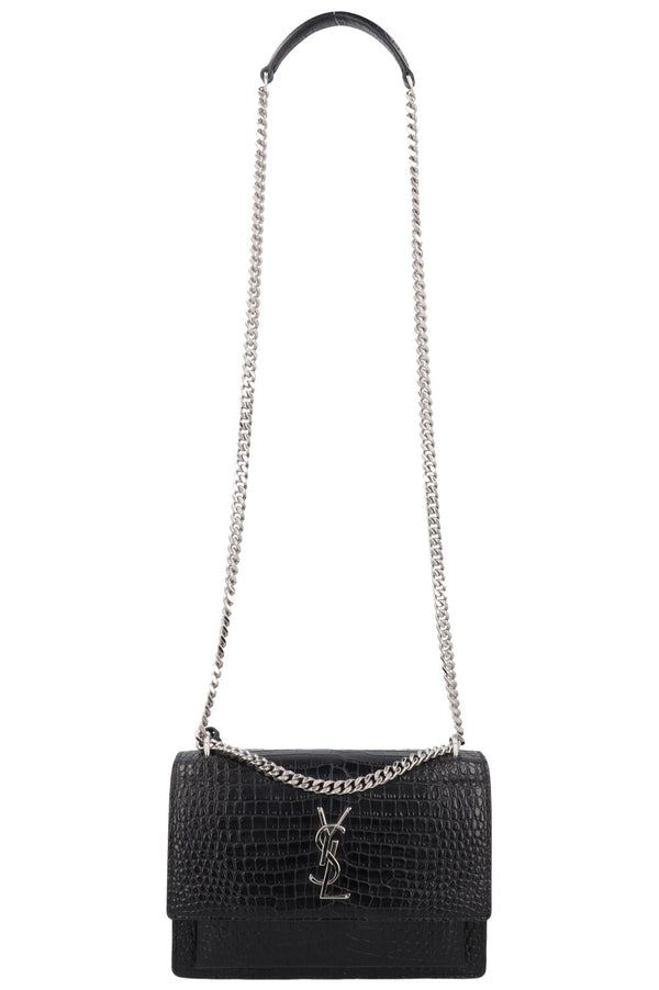 SAINT LAURENT Small Croc Embossed Sunset Bag Black