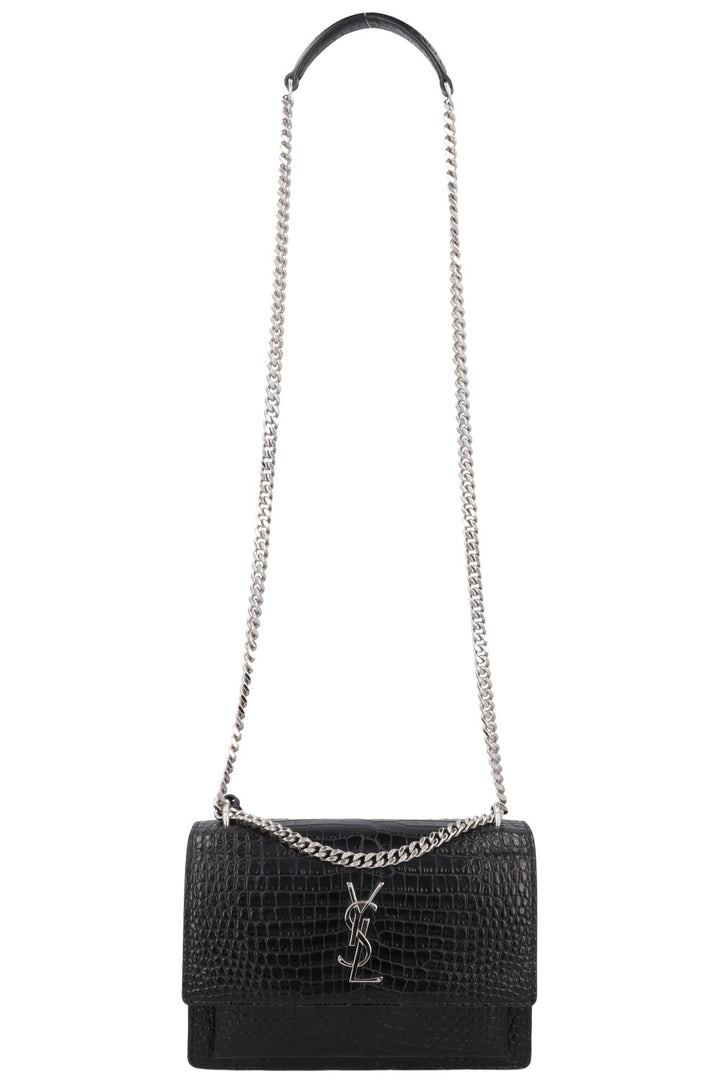 SAINT LAURENT Small Croc Embossed Sunset Bag Black