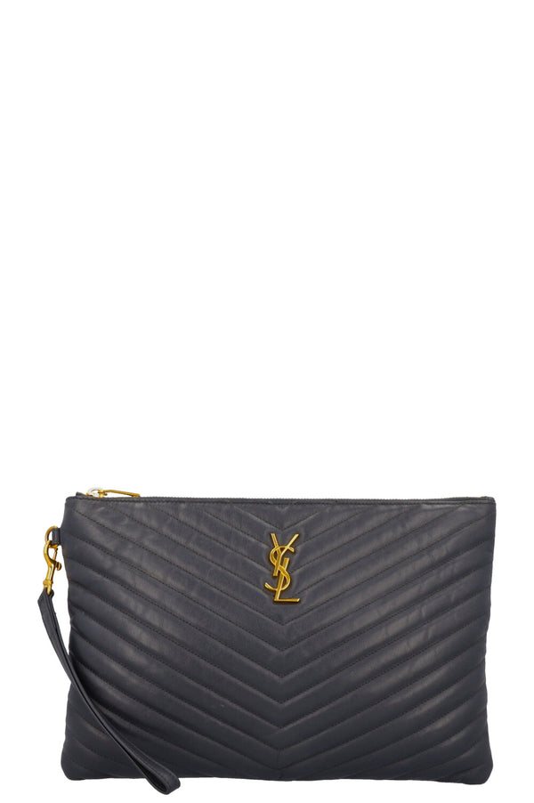 SAINT LAURENT V Stitch Cassandre Zip Clutch Grey