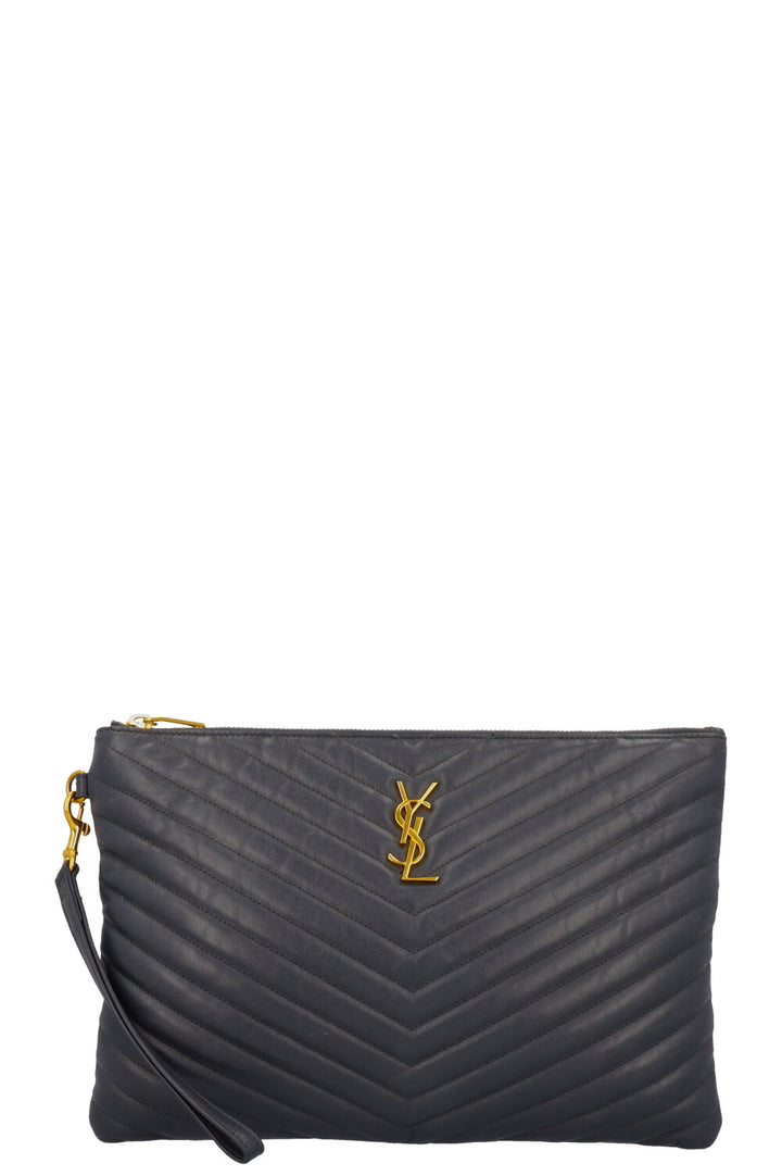 SAINT LAURENT V Stitch Cassandre Zip Clutch Grey