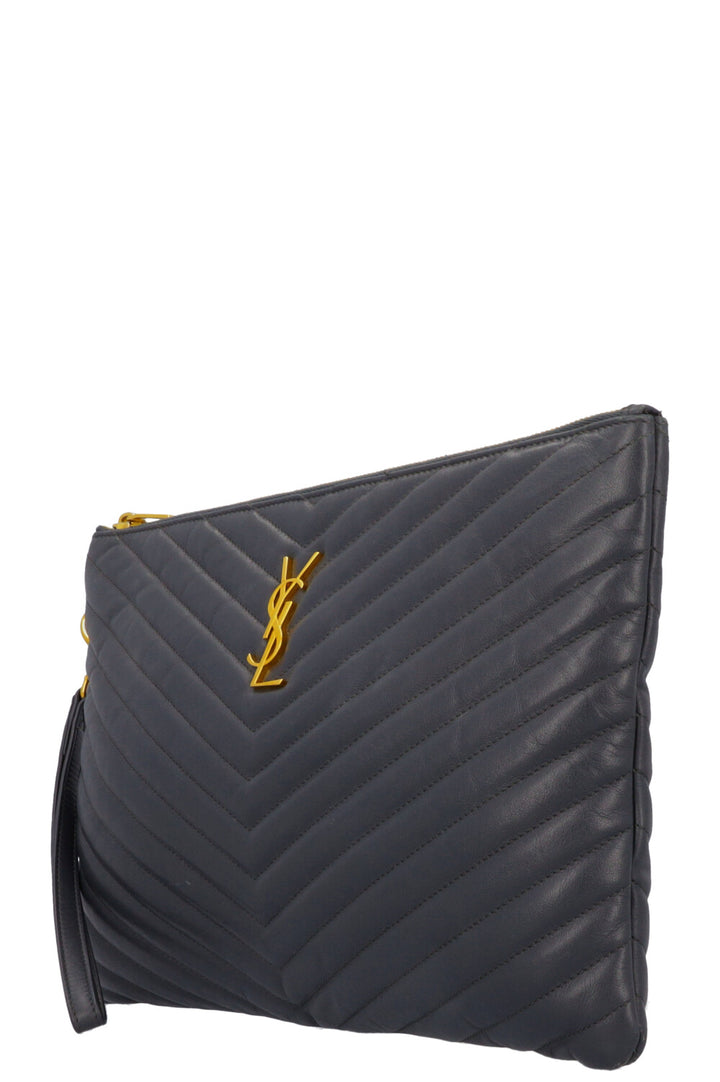 SAINT LAURENT V Stitch Cassandre Zip Clutch Grey