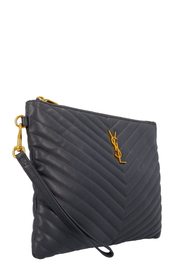 SAINT LAURENT V Stitch Cassandre Zip Clutch Grey