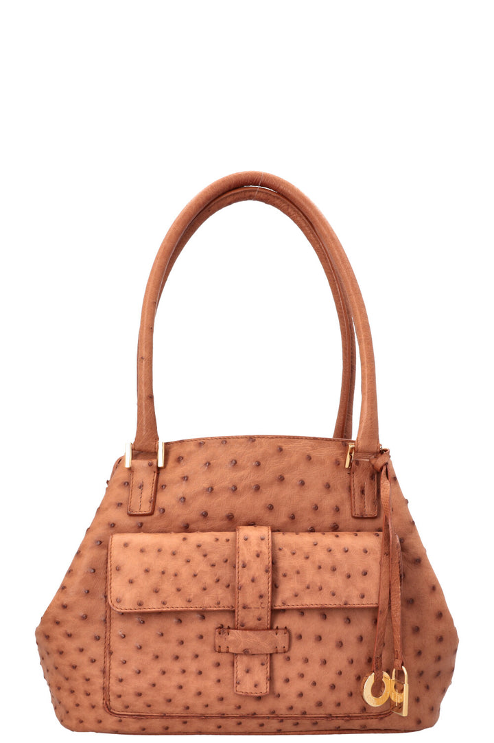 LORO PIANA Globe Tote Bag Ostrich Cognac
