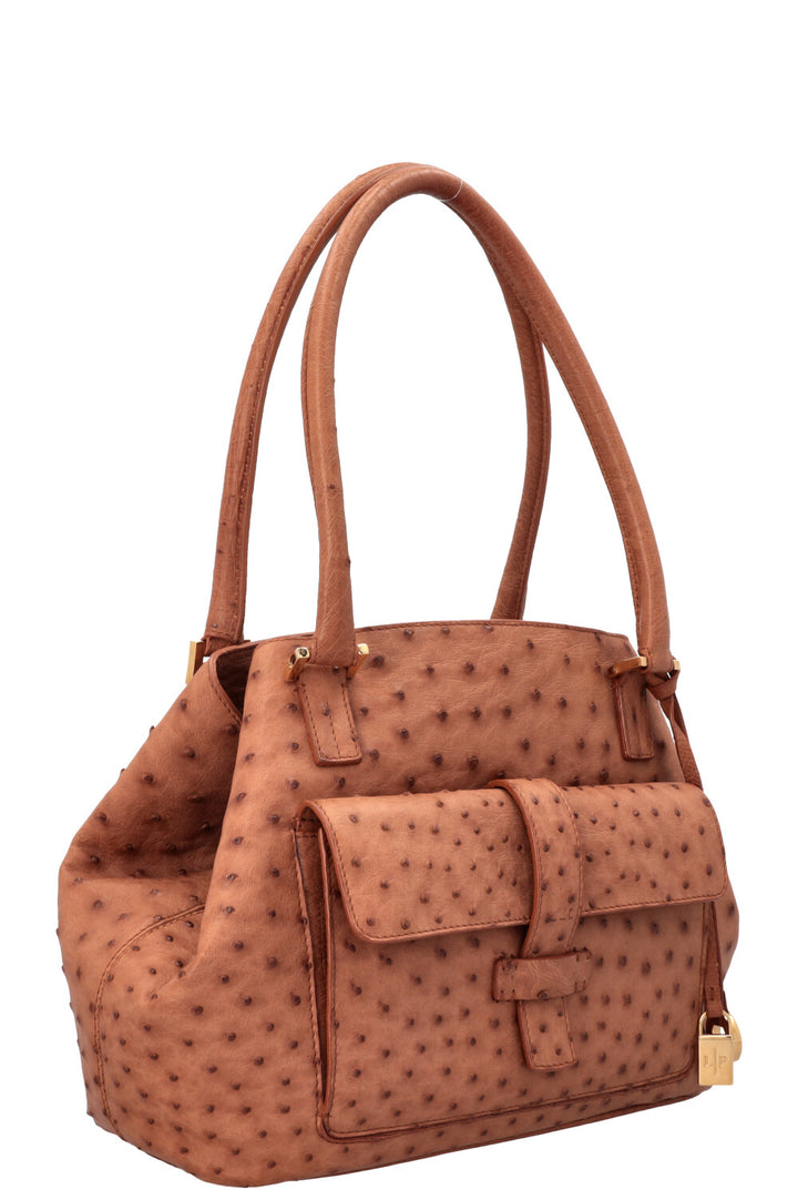 LORO PIANA Globe Tote Bag Ostrich Cognac