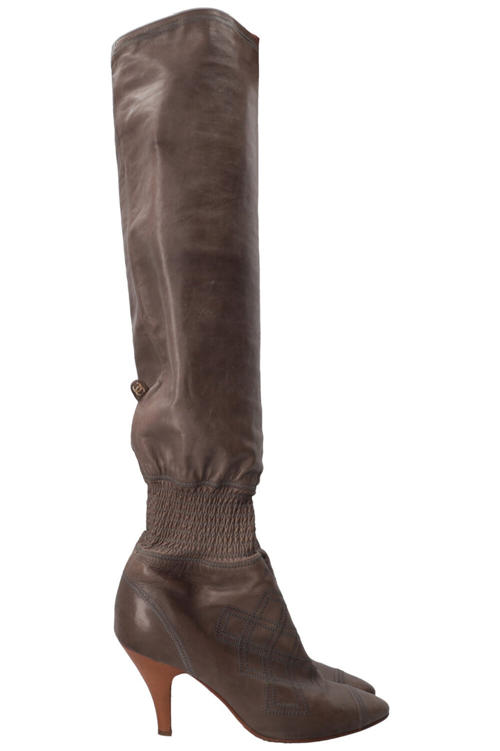 CHANEL Knee High Boots Brown/Grey