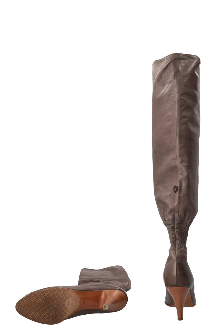 CHANEL Knee High Boots Brown/Grey