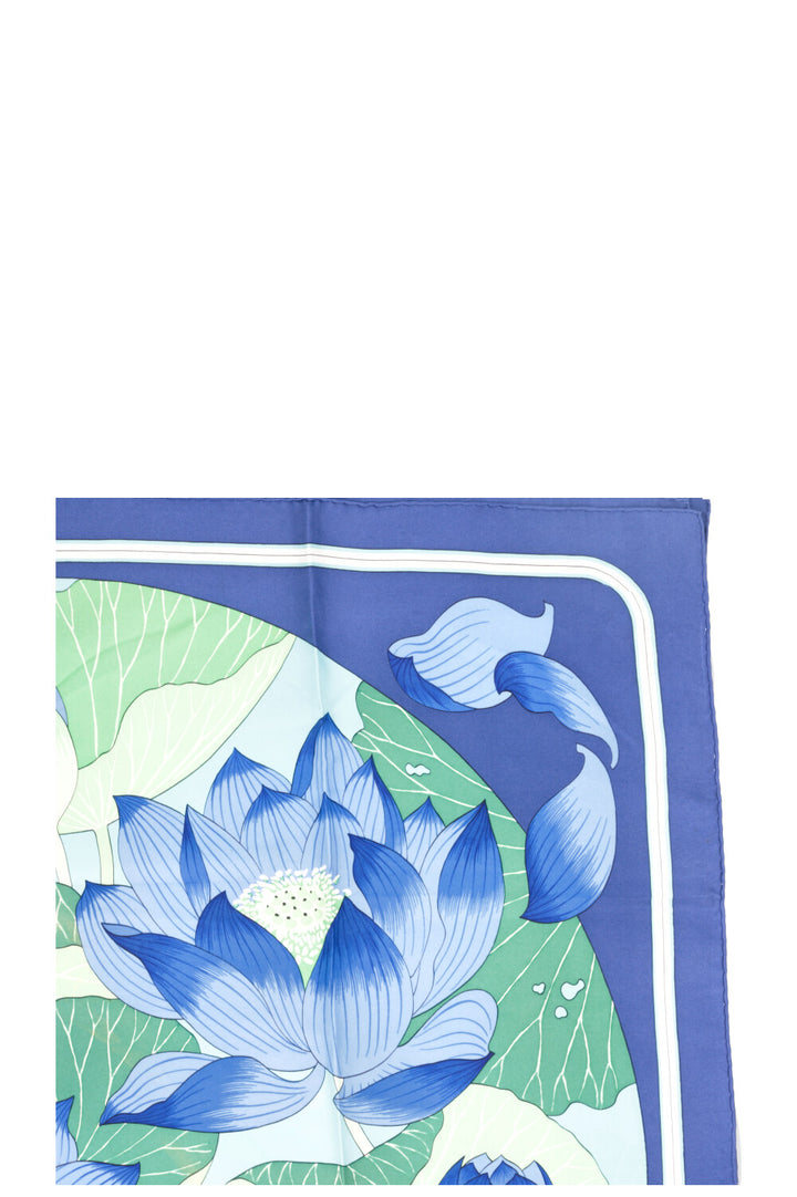 HERMÈS Fleur De Lotus Carré 90 Silk Blue Green