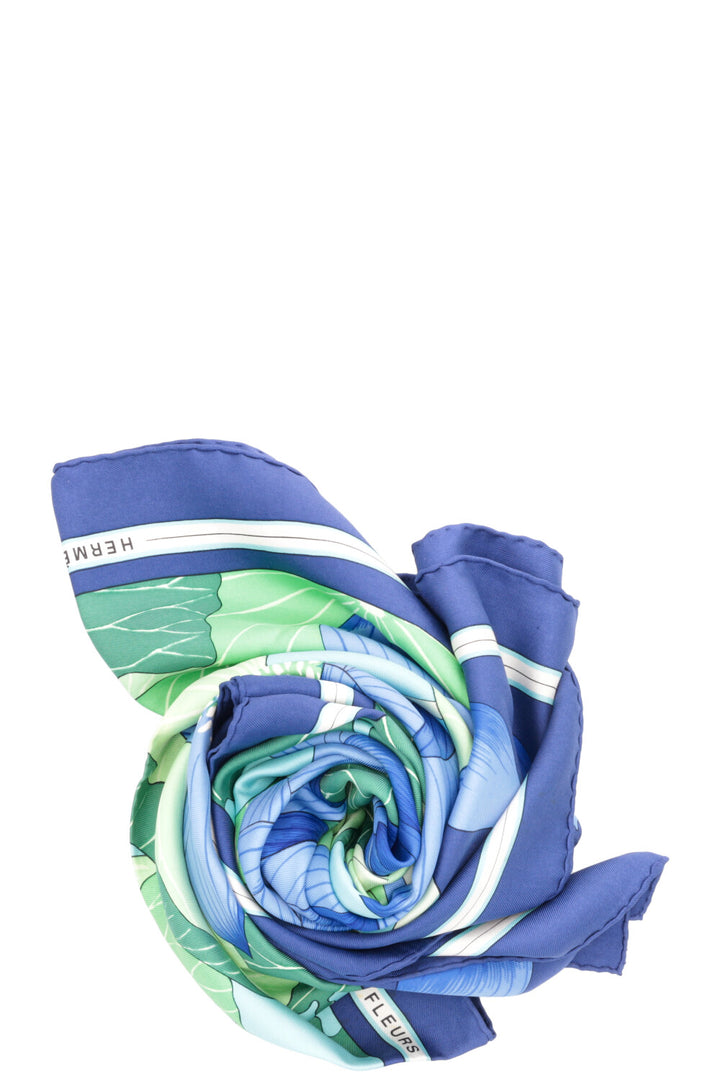 HERMÈS Fleur De Lotus Carré 90 Silk Blue Green
