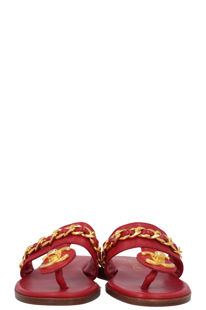 CHANEL CC Turnlock Sandals Red Gold
