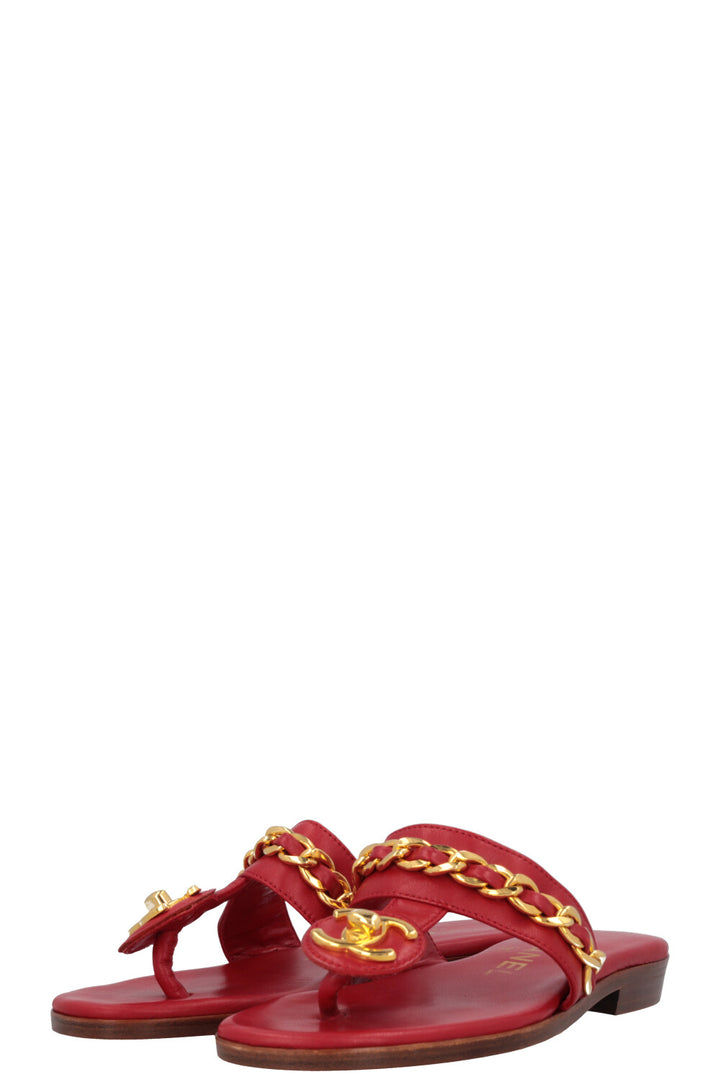 CHANEL CC Turnlock Sandals Red Gold