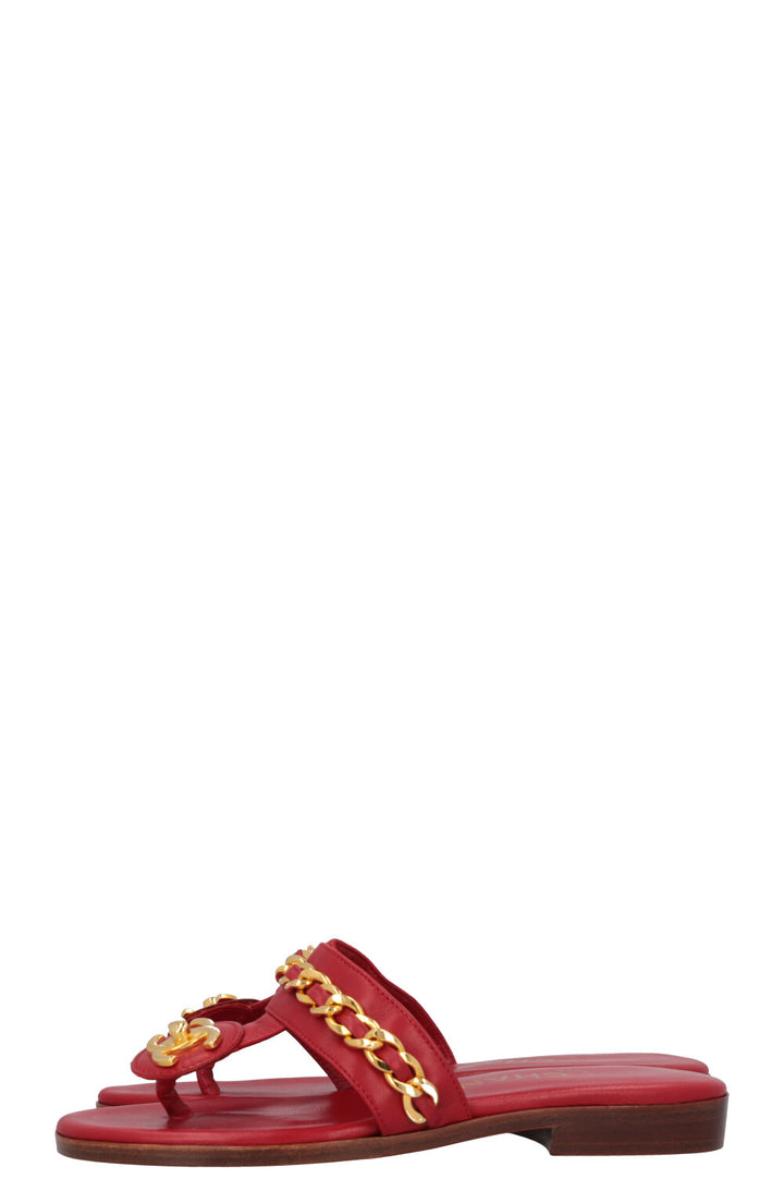 CHANEL CC Turnlock Sandals Red Gold