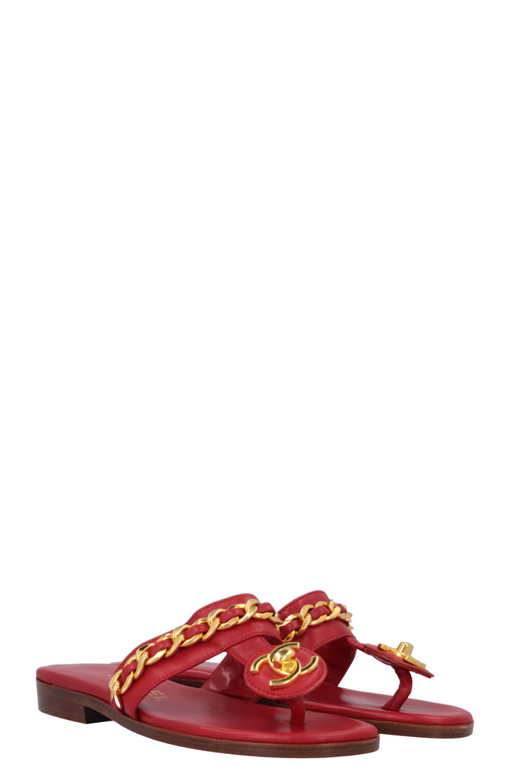 CHANEL CC Turnlock Sandals Red Gold