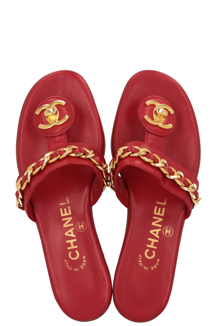 CHANEL CC Turnlock Sandals Red Gold