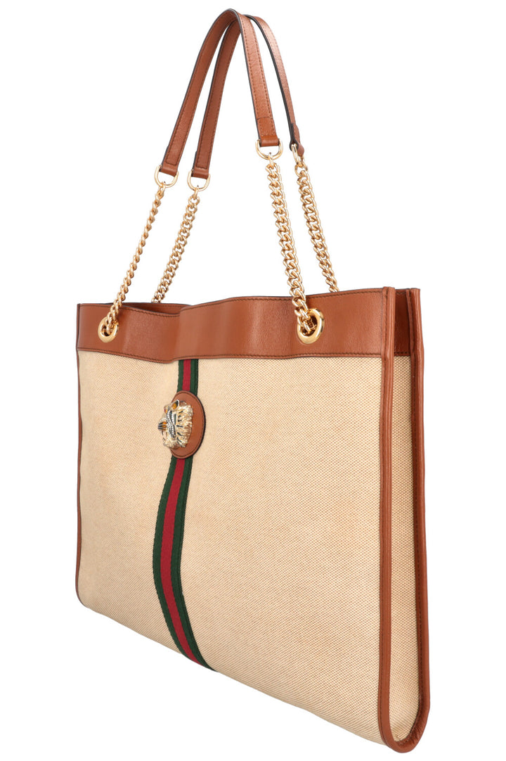 GUCCI Rajah Chain Tote Canvas Beige