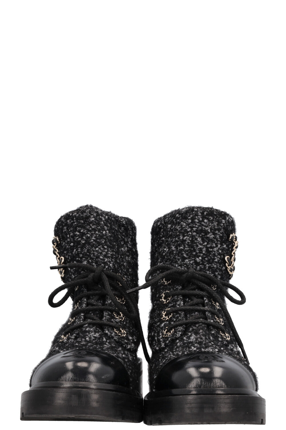 CHANEL CC Lace Up Boots Tweed Grey Black