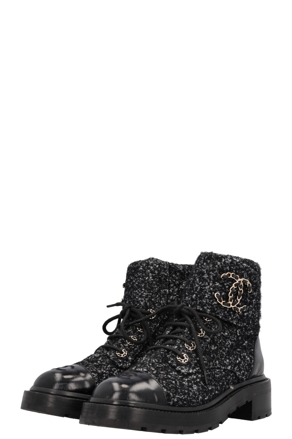 CHANEL CC Lace Up Boots Tweed Grey Black