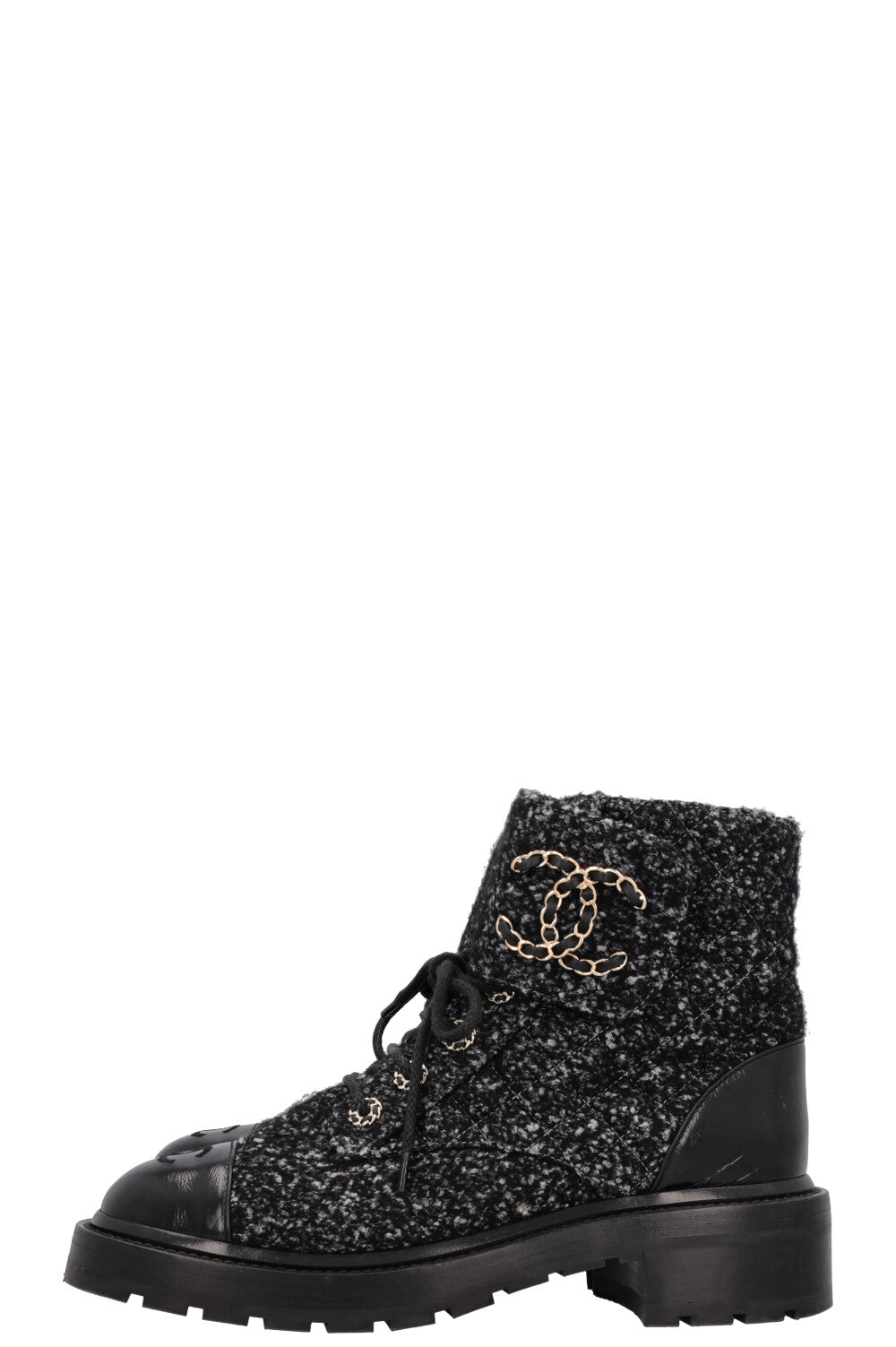 CHANEL CC Lace Up Boots Tweed Grey Black