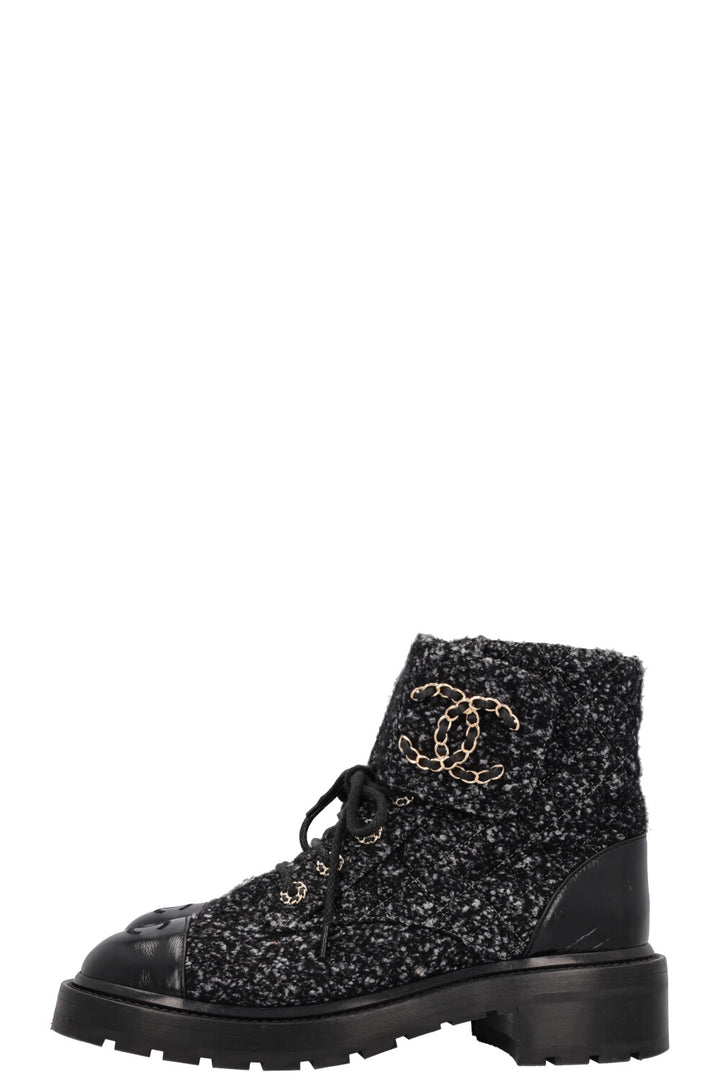 CHANEL CC Lace Up Boots Tweed Grey Black