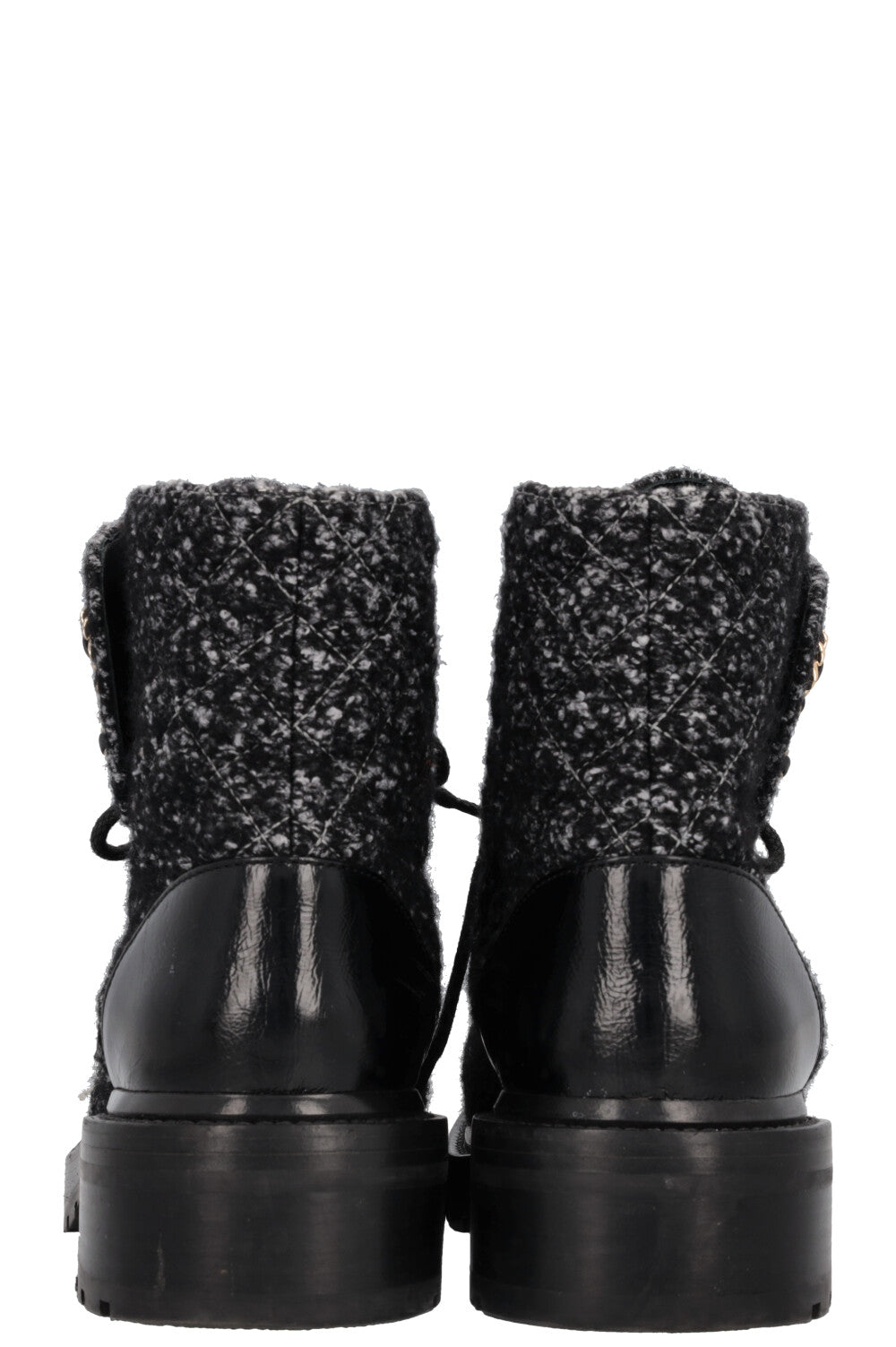 CHANEL CC Lace Up Boots Tweed Grey Black