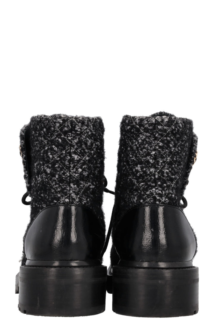 CHANEL CC Lace Up Boots Tweed Grey Black