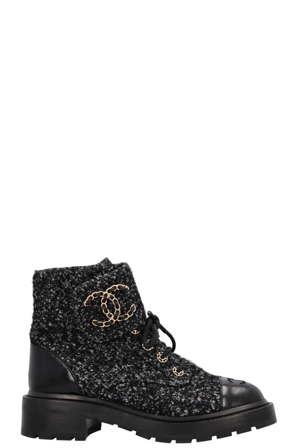 CHANEL CC Lace Up Boots Tweed Grey Black