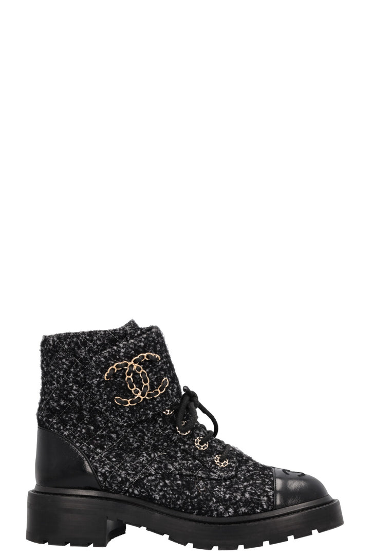 CHANEL CC Lace Up Boots Tweed Grey Black