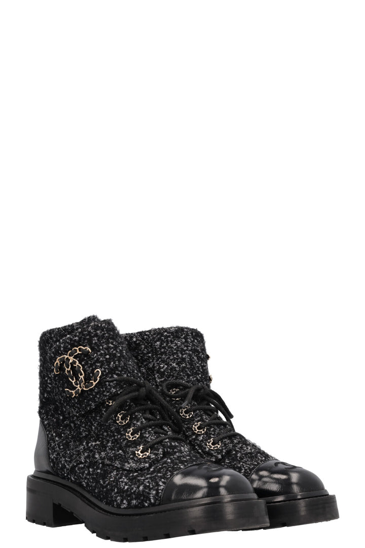 CHANEL CC Lace Up Boots Tweed Grey Black