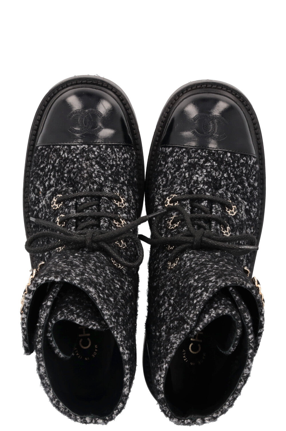 CHANEL CC Lace Up Boots Tweed Grey Black