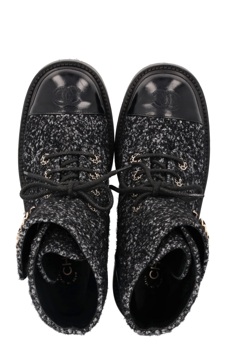 CHANEL CC Lace Up Boots Tweed Grey Black