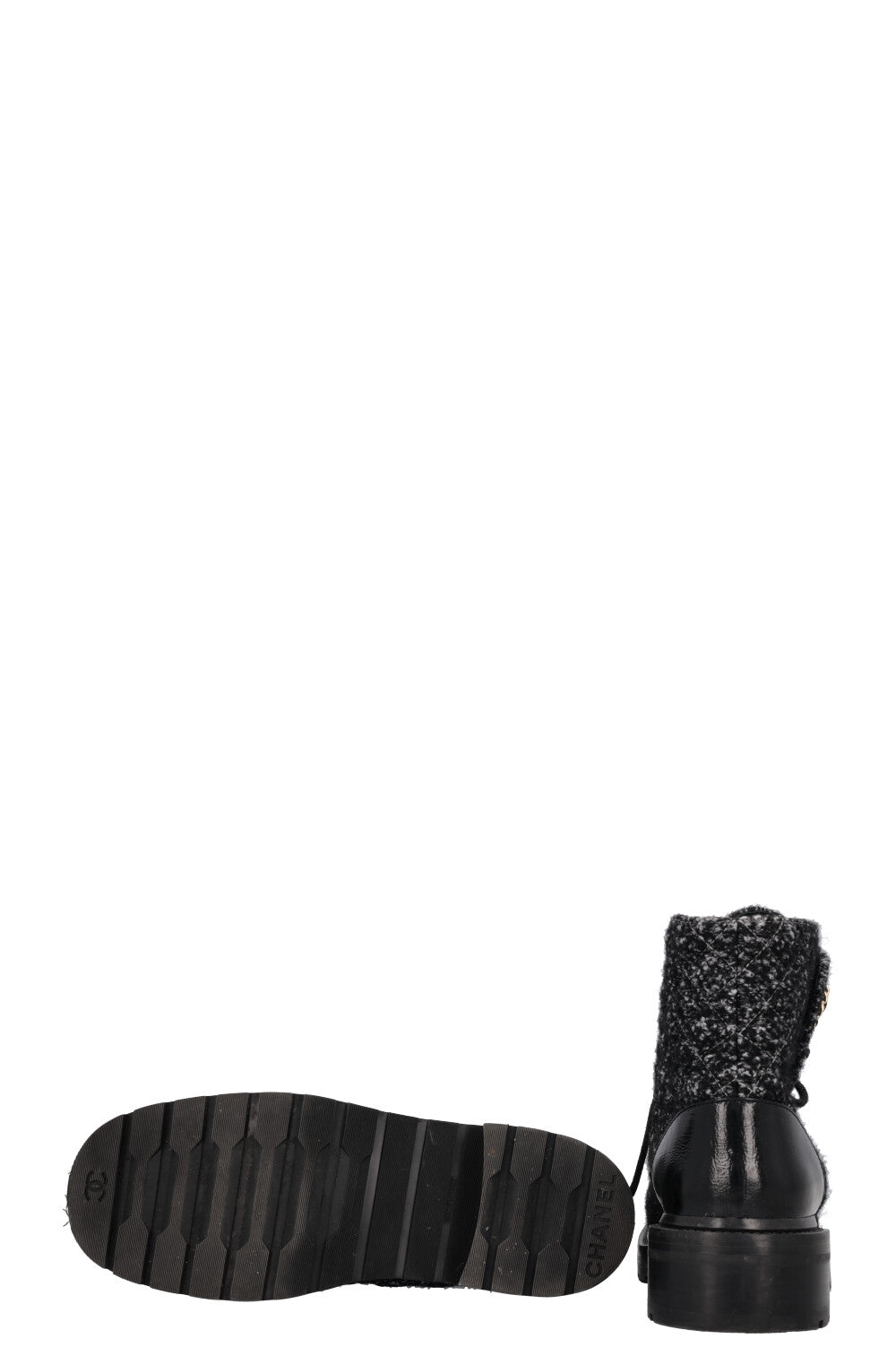 CHANEL CC Lace Up Boots Tweed Grey Black