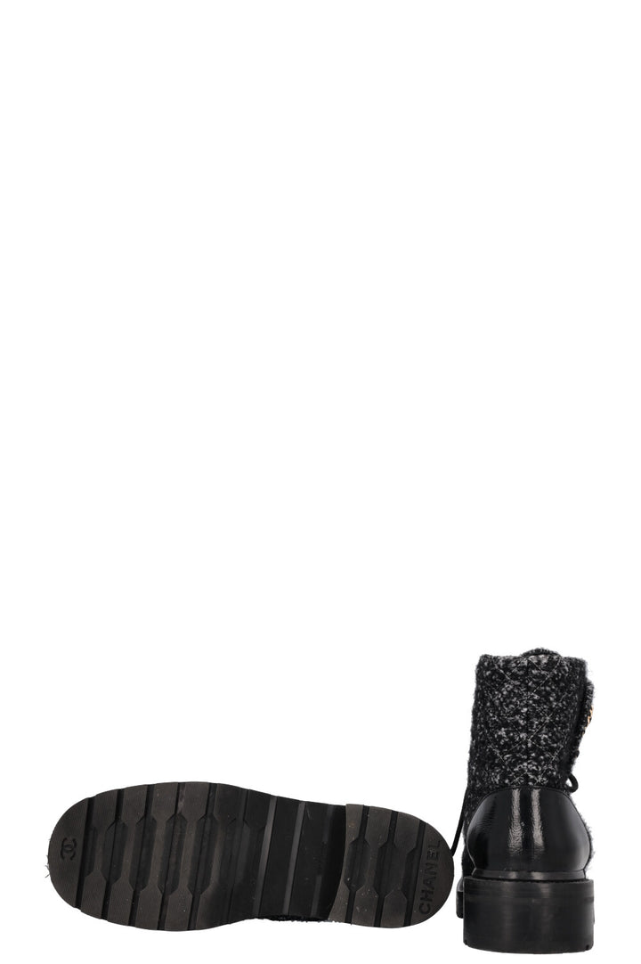 CHANEL CC Lace Up Boots Tweed Grey Black
