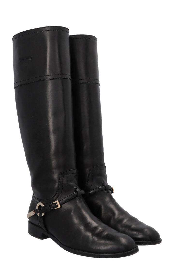 CHRISTIAN DIOR Knee High Etrier Boots Leather Black