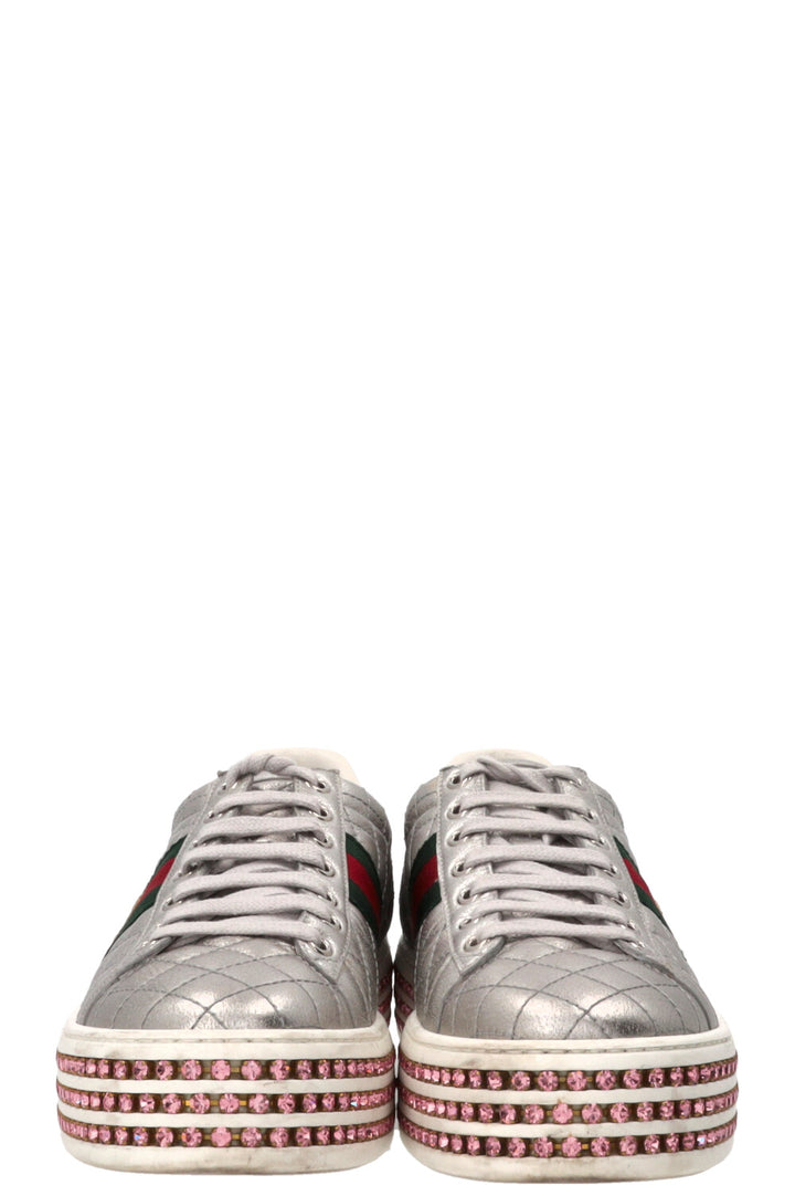 GUCCI Ace Bee Quilted Sneakers Leather Silver