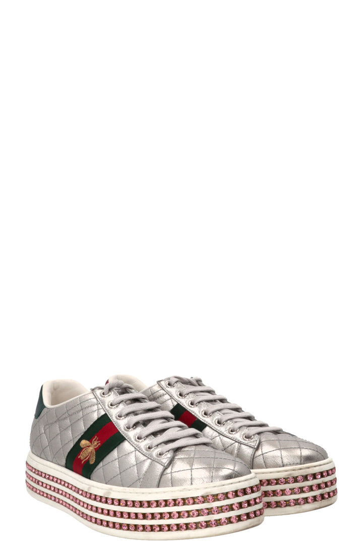 GUCCI Ace Bee Quilted Sneakers Leather Silver